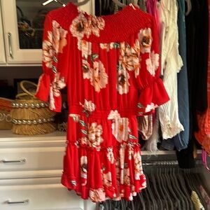 Misa Los Angeles Red Cream Tiered Bell Sleeve Mini Dress